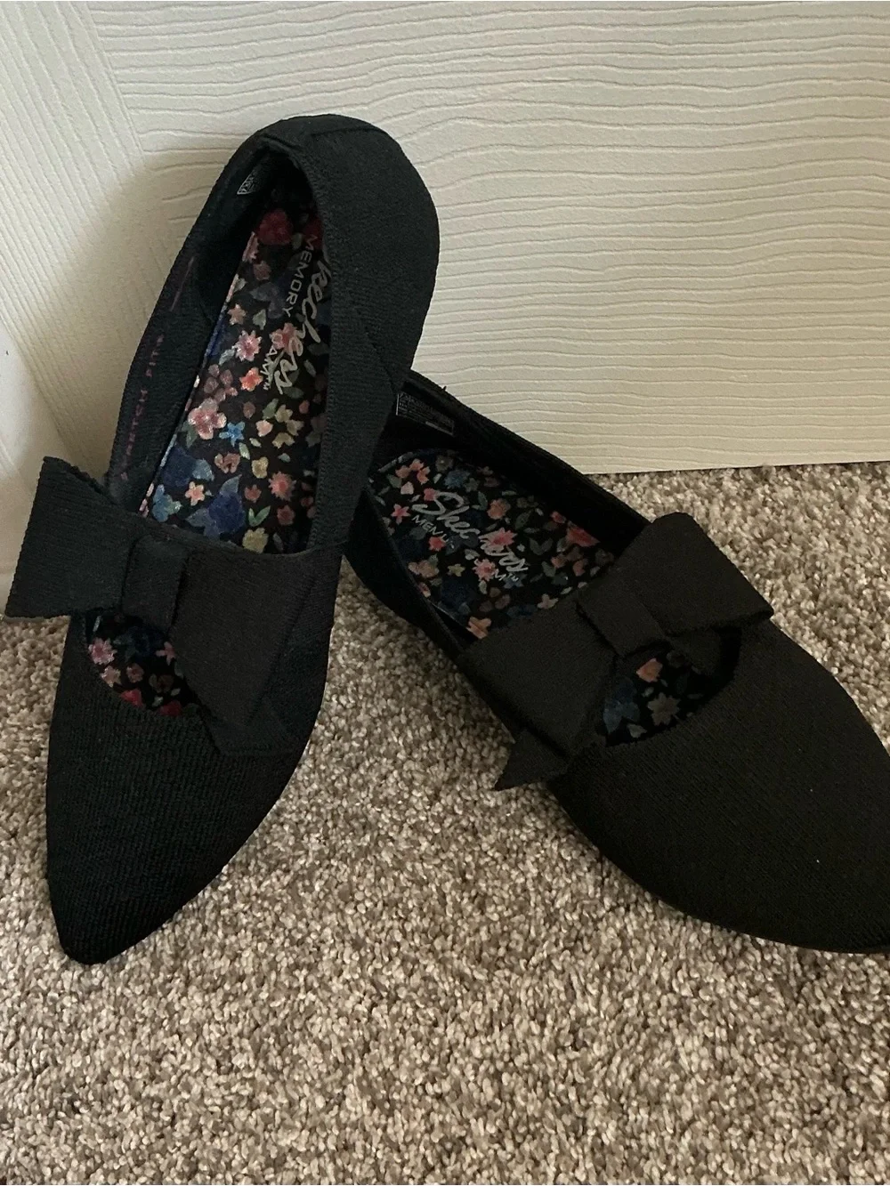 Skechers CLEO Black Pointed-Toe Flats with Top Bow